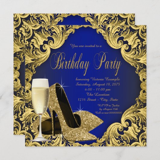 ブルーと金ゴールドハイヒールシャンパンバースデーパーティー 招待状 (正面/裏面)