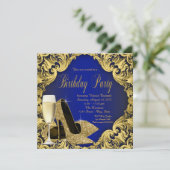 ブルーと金ゴールドハイヒールシャンパンバースデーパーティー 招待状 (スタンド正面)