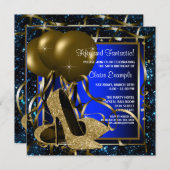 ブルーと金ゴールドハイヒール誕生日パーティー 招待状 (正面/裏面)
