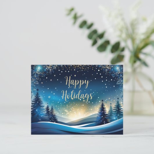 ブルーと金ゴールドハッピーホリデー シーズンポストカード (スタンド正面)