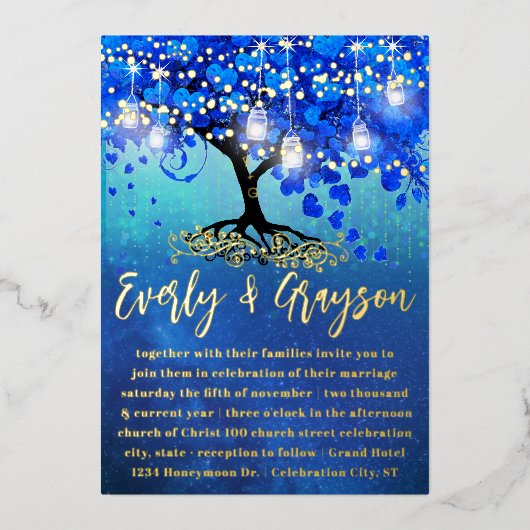 ブルーと金ゴールドハートリーフツリーゴールドフォイル結婚ズ 箔招待状 (正面)