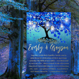 ブルーと金ゴールドハートリーフツリーゴールドフォイル結婚ズ 箔招待状