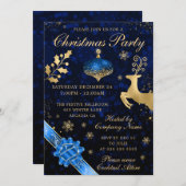 ブルーと金ゴールドバウブル&リボンクリスマスパーティー 招待状 (正面/裏面)