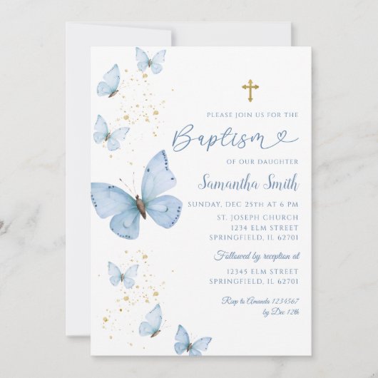 ブルーと金ゴールドバタフライミニマリストバプテスマ 招待状 (正面)