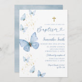 ブルーと金ゴールドバタフライミニマリストバプテスマ 招待状 (正面/裏面)