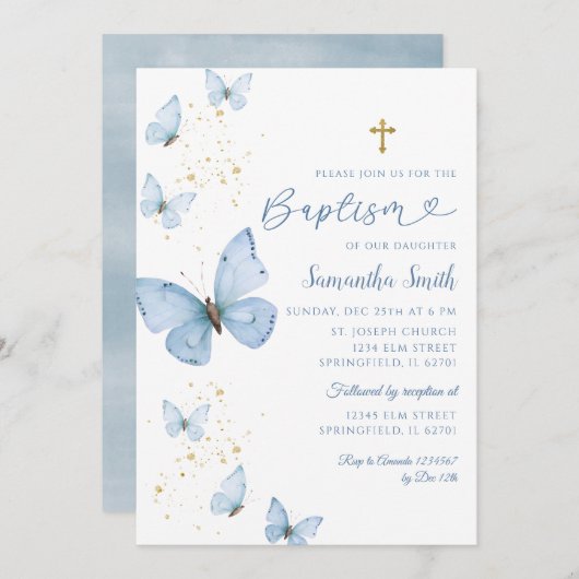 ブルーと金ゴールドバタフライミニマリストバプテスマ 招待状 (正面/裏面)