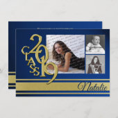 ブルーと金ゴールドバーシティ2019卒業3写真 招待状 (正面/裏面)