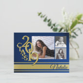 ブルーと金ゴールドバーシティ2019卒業3写真 招待状 (スタンド正面)