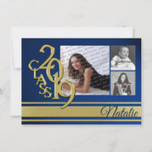 ブルーと金ゴールドバーシティ2019卒業3写真 招待状 (正面)