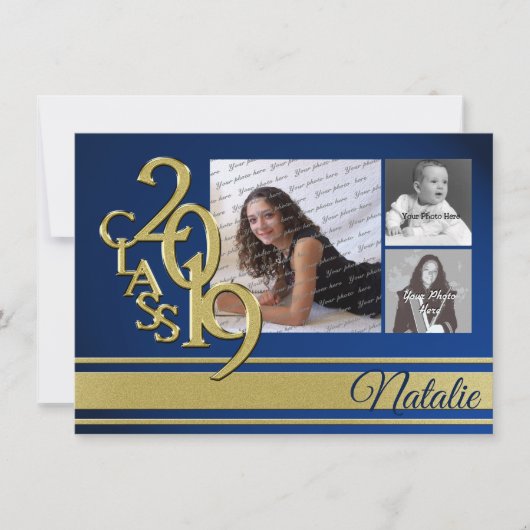 ブルーと金ゴールドバーシティ2019卒業3写真 招待状 (正面)