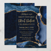 ブルーと金ゴールドフェイクグリッターアガテスウィート16 招待状 (正面/裏面)