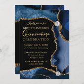 ブルーと金ゴールドフェイクグリッターアゲートキンセアニェラ 招待状 (正面/裏面)