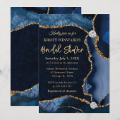 ブルーと金ゴールドフェイクグリッターアゲートブライダルシャワー 招待状 (正面/裏面)