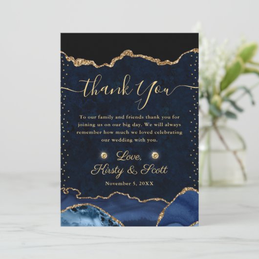 ブルーと金ゴールドフェイクグリッターアゲ結婚ート サンキューカード (スタンド正面)