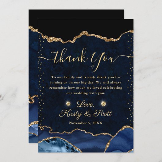 ブルーと金ゴールドフェイクグリッターアゲ結婚ート サンキューカード (正面/裏面)