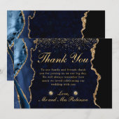 ブルーと金ゴールドフェイクグリッターアゲ結婚ート サンキューカード (正面/裏面)