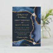 ブルーと金ゴールドフェイクグリッターアゲ結婚ート 招待状 (スタンド正面)