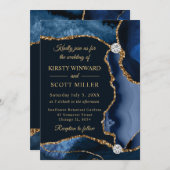 ブルーと金ゴールドフェイクグリッターアゲ結婚ート 招待状 (正面/裏面)