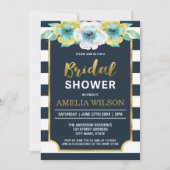 ブルーと金ゴールドフェイクフローラブライダルシャワーの招待 招待状 (正面)