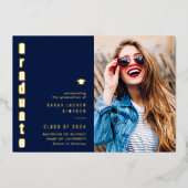 ブルーと金ゴールドフォイルの卒業発表 箔招待状 (正面)