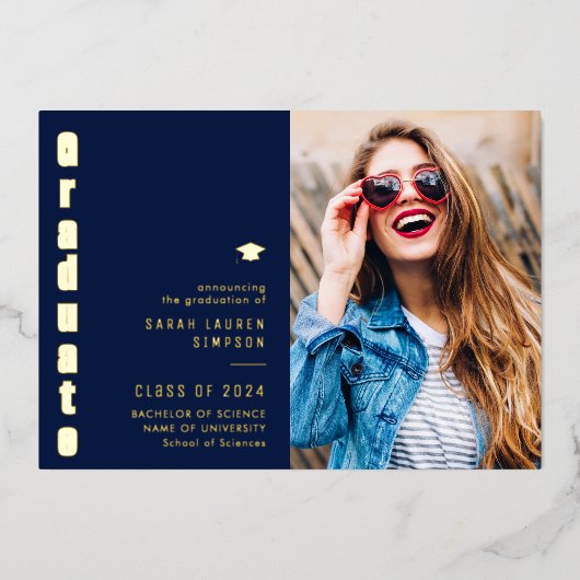 ブルーと金ゴールドフォイルの卒業発表 箔招待状 (正面)