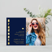 ブルーと金ゴールドフォイルの卒業発表 箔招待状 (立ち正面)