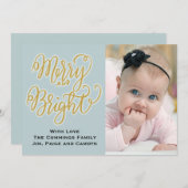 ブルーと金ゴールドフォトクリスマスカーメリード&ブライト シーズンカード (正面/裏面)