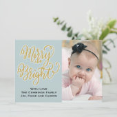 ブルーと金ゴールドフォトクリスマスカーメリード&ブライト シーズンカード (スタンド正面)