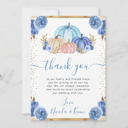 ブルーと金ゴールドフローラカボチャ秋の結婚式 サンキューカード (正面)