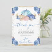 ブルーと金ゴールドフローラカボチャ秋の結婚式 サンキューカード (スタンド正面)