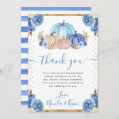 ブルーと金ゴールドフローラカボチャ秋の結婚式 サンキューカード (正面/裏面)