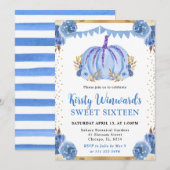 ブルーと金ゴールドフローラカボチャ秋スウィート16 招待状 (正面/裏面)