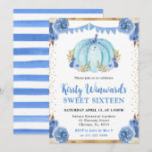 ブルーと金ゴールドフローラカボチャ秋スウィート16 招待状 (正面/裏面)