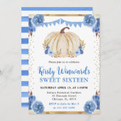 ブルーと金ゴールドフローラカボチャ秋スウィート16 招待状 (正面/裏面)