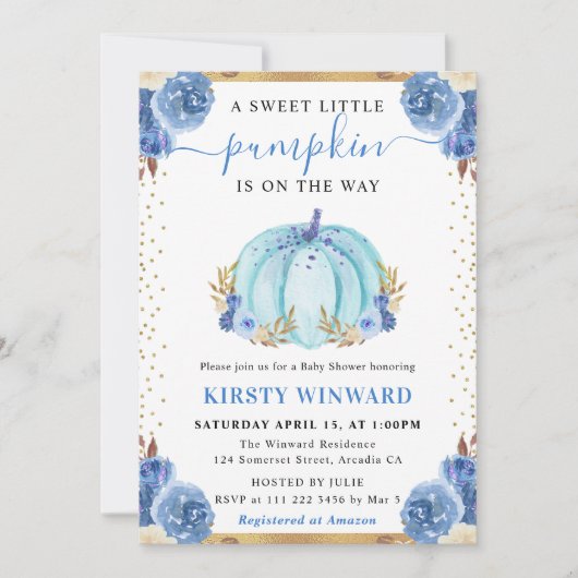 ブルーと金ゴールドフローラカボチャ秋ベビーシャワー 招待状 (正面)