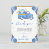 ブルーと金ゴールドフローラパンプキントラック秋の結婚式 サンキューカード (スタンド正面)