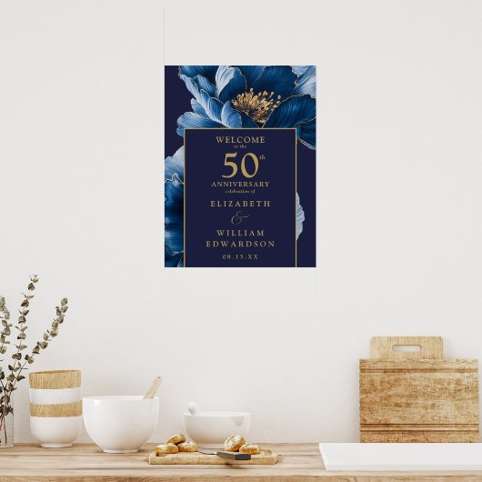ブルーと金ゴールドフローラ50周年記念ウェルカムサイン ポスター (キッチン)