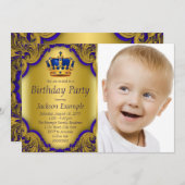 ブルーと金ゴールドプリンスバースデーパーティー 招待状 (正面/裏面)