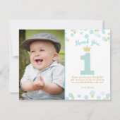ブルーと金ゴールドプリンス1歳の誕生日サンキューカード 招待状 (正面)