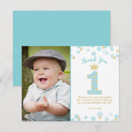 ブルーと金ゴールドプリンス1歳の誕生日サンキューカード 招待状