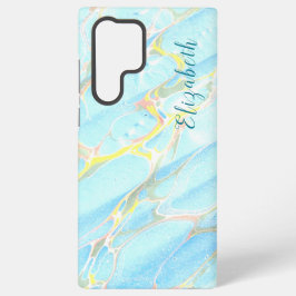 ブルーと金ゴールドプリントサマーモダン名前をカスタムする SAMSUNG GALAXY S22 ULTRAケース