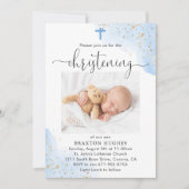 ブルーと金ゴールドボーイ《キリスト教》洗礼式や命名式バプテスマ 招待状 (正面)