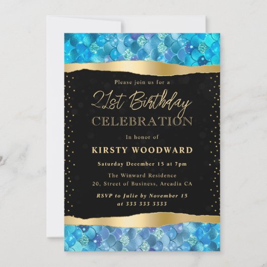 ブルーと金ゴールドマーメイドはかりで測21歳の誕生日 招待状 (正面)