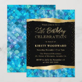 ブルーと金ゴールドマーメイドはかりで測21歳の誕生日 招待状 (正面/裏面)