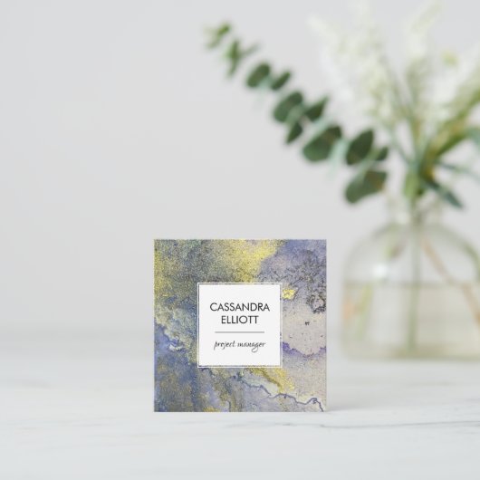 ブルーと金ゴールドマーリング抽象芸術液芸術 スクエア名刺 (スタンド正面)