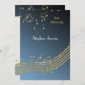 ブルーと金ゴールドミュージックバー（ユダヤ教の）バル・ミツバー 招待状 (正面/裏面)