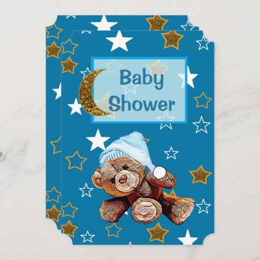ブルーと金ゴールドムーンとスターズベビーシャワー招待状 招待状 (正面/裏面)