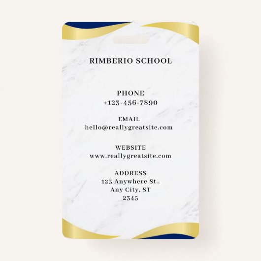 ブルーと金ゴールドモダン先生ポートレート会社 バッジ (裏面)