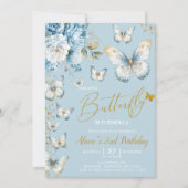 ブルーと金ゴールドリトルバタフライ誕生日招待状 招待状 (正面)