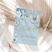 ブルーと金ゴールドリトルバタフライ誕生日招待状 招待状